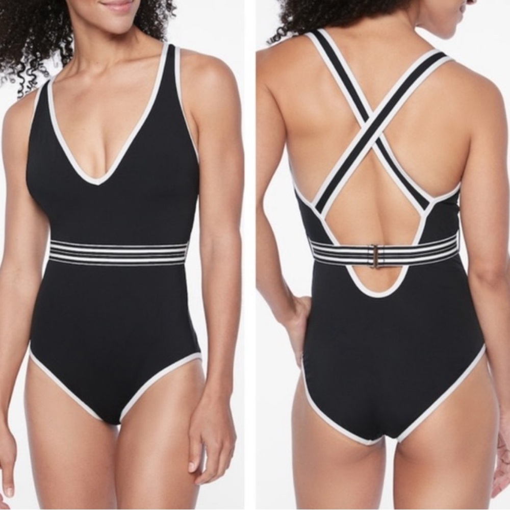 Athleta Gold Coast Swimsuit Black White Trim Cross Back Size S